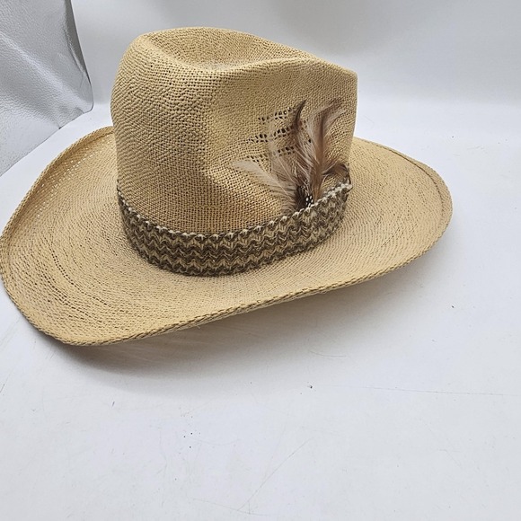Resistol Other - Resistol Stagecoach Hat Cowboy Fitted Mens 7 5/8 Beige Straw Feather Western
